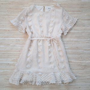 & Merci Cream Textured Pom Pom Swiss Dot Dress with Ruffle Hem Size M EUC